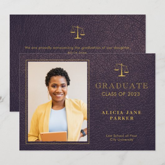 2023 Wetsschool afstuderen paarse gouden foto Aankondiging (Voorkant / Achterkant)