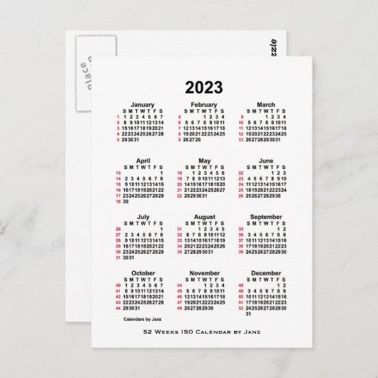 2023 White 52 Week ISO Calendar by Janz Briefkaart (Voorkant / Achterkant)