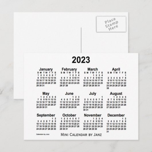 2023 Witte Mini Kalender van Janz Briefkaart (Voorkant / Achterkant)