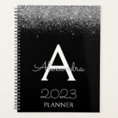 2023 Zilver Zwart Glitter Monogram Moderne Luxe Planner (Voorkant)
