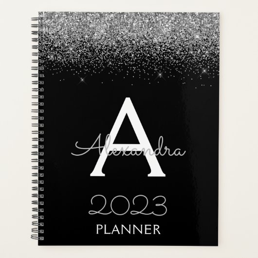 2023 Zilver Zwart Glitter Monogram Moderne Luxe Planner (Voorkant)