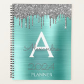 2023 Zilveren Teal Aqua Blauwe Glitters Monogram Planner (Voorkant)