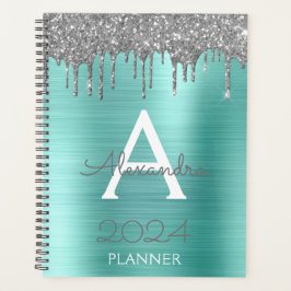 2023 Zilveren Turquoise Aqua Blauwe Glitter Monogr Planner