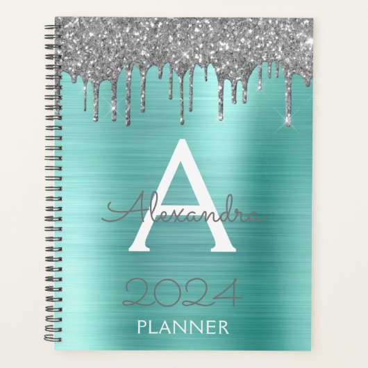 2023 Zilveren Turquoise Aqua Blauwe Glitter Monogr Planner (Voorkant)