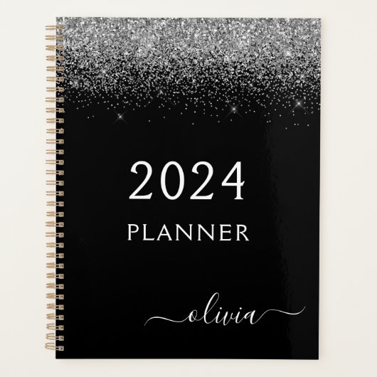 2023 Zilveren Zwarte Glitter Glam Monogram Planner (Voorkant)