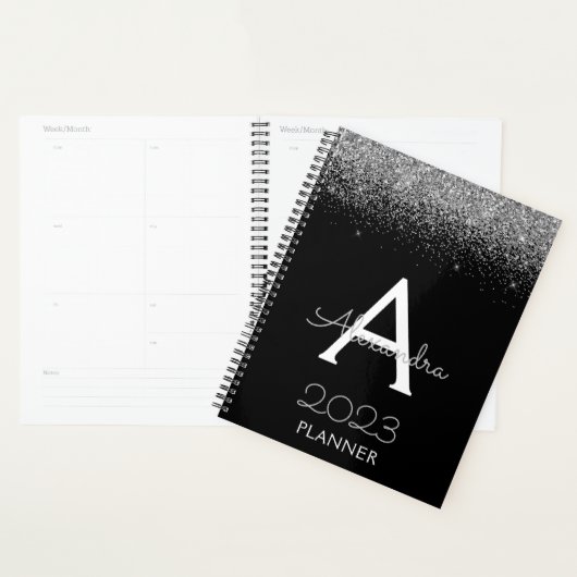 2023 Zilveren Zwarte Glitter Monogram Moderne Luxe Planner (Display)