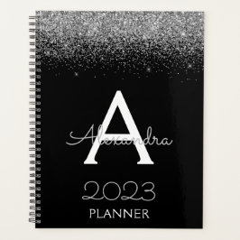 2023 Zilveren Zwarte Glitter Monogram Moderne Luxe Planner