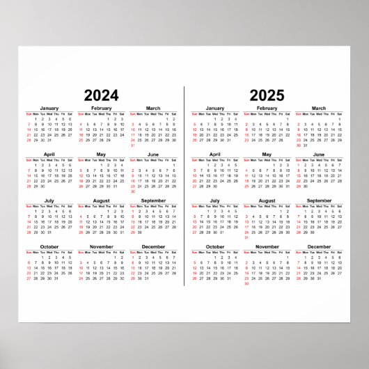2024 2025 Kalender 2 jaar zwart wit Poster (Voorkant)