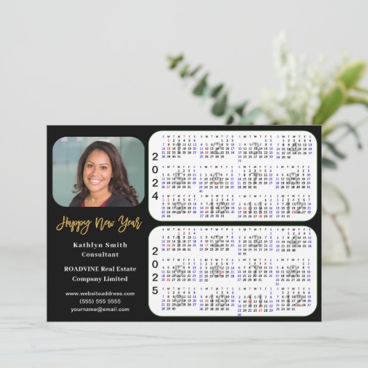 2024 2025 Kalender Business Modern Zwart Goud Feestdagenkaart (Staand voorkant)