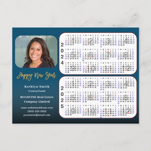 2024 2025 Kalender Modern Goud Blauw Zakelijke Fot Feestdagenkaart (Voorkant)