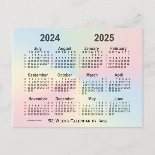 2024-2025 Rainbow 52-weekagenda van Janz Briefkaart (Voorkant)