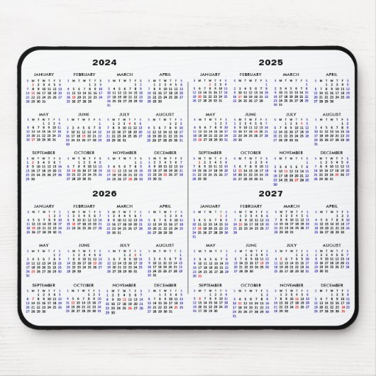 2024-2027 4 Jaar Kalender Eenvoudig Zwart US Vakan Muismat (Voorkant)