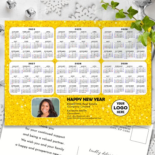 2024 - 2029 Kalender Modern Goud Glitter Business Feestdagenkaart