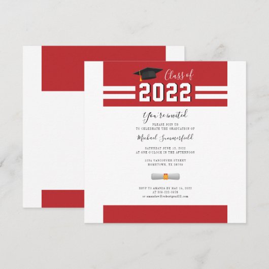 2024 Afstudeerfeest Rode Afstudeerder Uitnodiging (Voorkant / Achterkant)