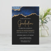 2024 Afstuderen Blauwe Agaat Gouden Glitter Invite Kaart (Staand voorkant)