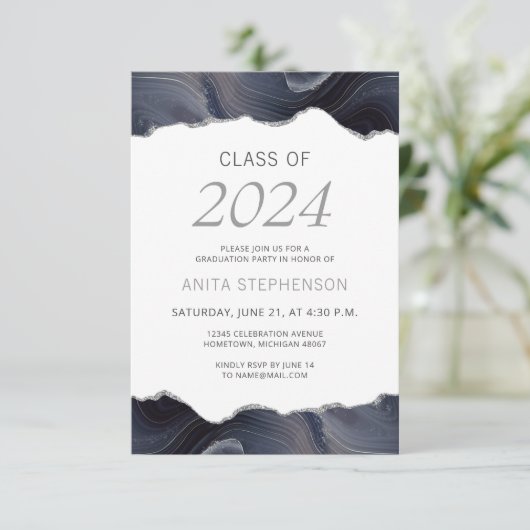 2024 Afstuderen Foto Blauw Grijs Agaat Uitnodiging (Staand voorkant)