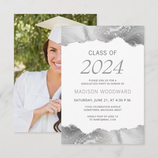 2024 Afstuderen Foto Grijs Zilveren Agaat Uitnodig Kaart (Voorkant / Achterkant)