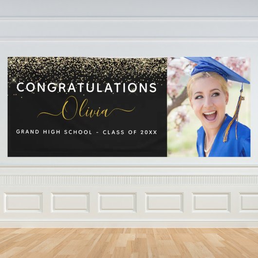 2024 Afstuderen Glitter Goud Zwart Modern Spandoek
