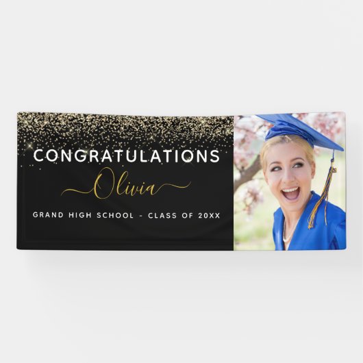 2024 Afstuderen Glitter Goud Zwart Modern Spandoek (Horizontaal)