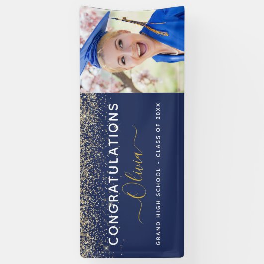 2024 Afstuderen Glitter Navy Blauw Goud Modern Spandoek (Verticaal)