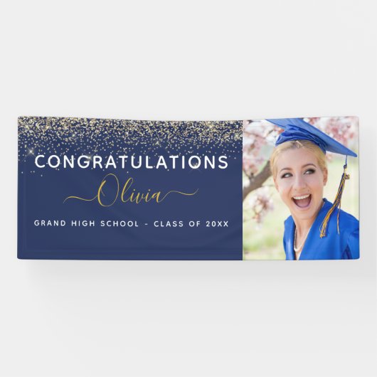 2024 Afstuderen Glitter Navy Blauw Goud Modern Spandoek (Horizontaal)