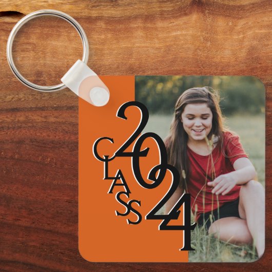 2024 Afstuderen Keepsake Foto Sinaasappel en zwart Sleutelhanger (Voorkant)