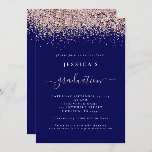 2024 Afstuderen Roos Gouden Glitter Navy Blauw Kaart (Voorkant / Achterkant)