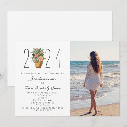 2024 Afstuderen Strand Bloemen Ananas Foto Kaart (Voorkant / Achterkant)