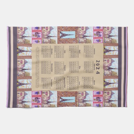 2024 Agenda Paris Eiffel Tower Pointillism Art Theedoek (Horizontaal)