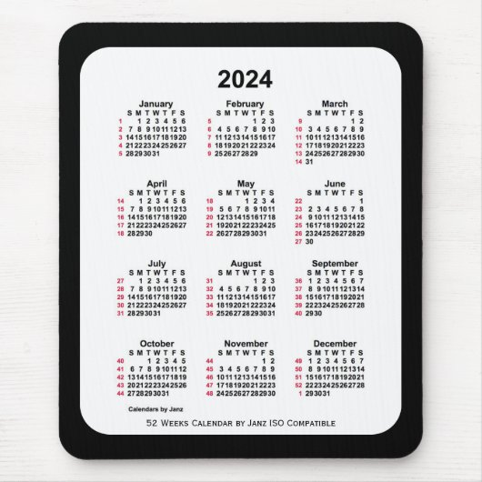 2024 Black 52 weken ISO-kalender van Janz Two Tone Muismat (Voorkant)