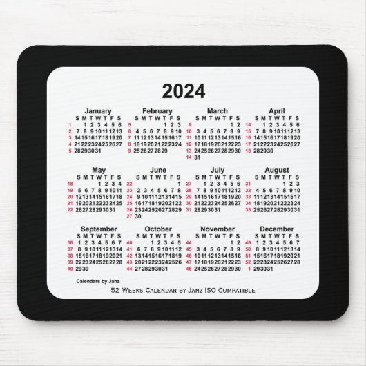 2024 Black 52 weken ISO-kalender van Janz Two Tone Muismat (Voorkant)
