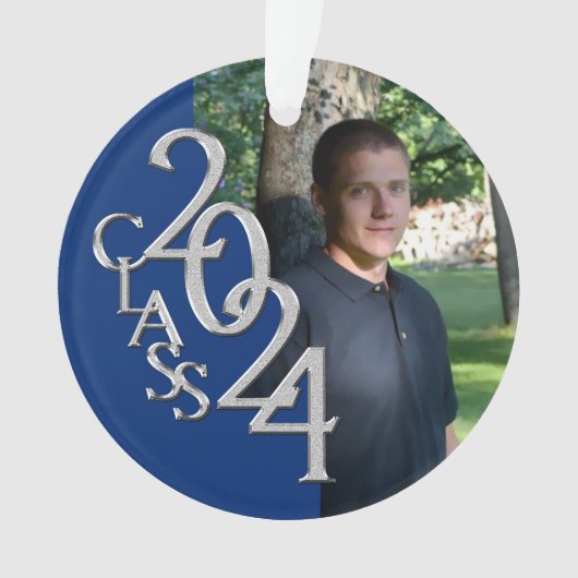 2024 Blauw en Zilver Afstuderen Foto Ornament (voorkant)