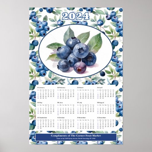 2024 Blauwe Bosbessen Aangepaste Kalender Poster (Voorkant)