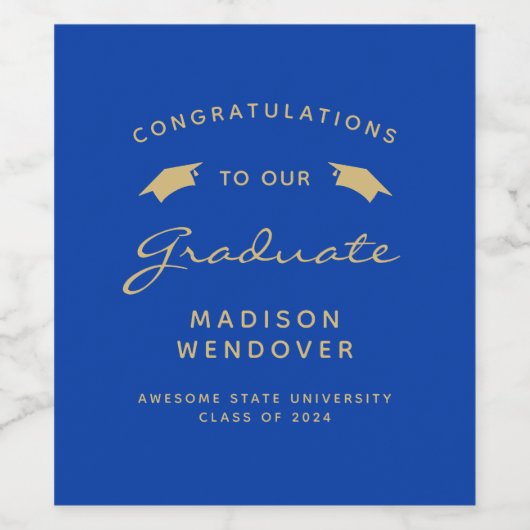 2024 Blue Gold Script Pet Afstuderen Wijn Etiket (Enkel label)