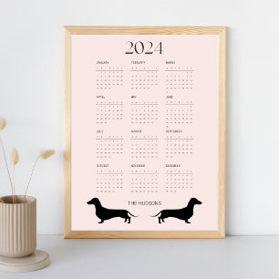 2024 Bord Roze Dachshund Silhouet Kalender Poster