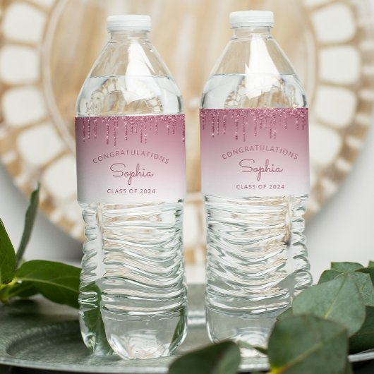 2024 Bourgondië Glitter Drip Graduation Party Waterfles Etiket