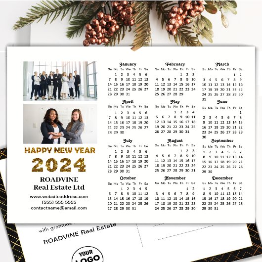 2024 Business 2 Foto Modern Goud Script Kalender Feestdagenkaart