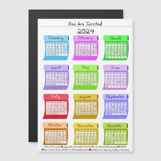 2024 Calendar Fabrics Fabric Font U bent uitgenodi Magnetische Uitnodiging (Voorkant / Achterkant)