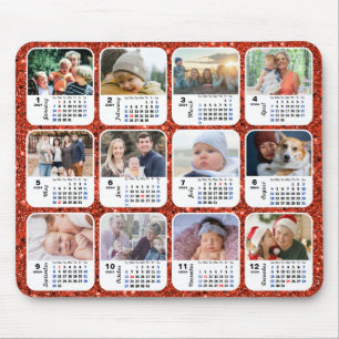2024 Calendar Red Glitter 12 Family Photo Collage Muismat