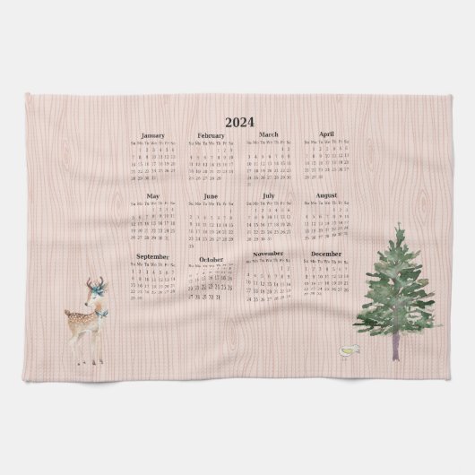 2024 Calendar Woodland Deer Bird Tree Theedoek (Horizontaal)