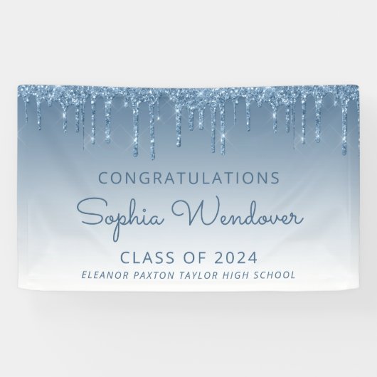 2024 Chic Blue Glitter Drip Afstuderen Spandoek (Horizontaal)