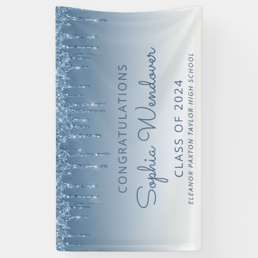 2024 Chic Blue Glitter Drip Afstuderen Spandoek (Verticaal)