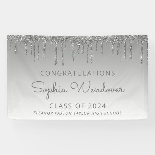 2024 Chic Silver Glitter Drip Afstuderen Spandoek (Horizontaal)