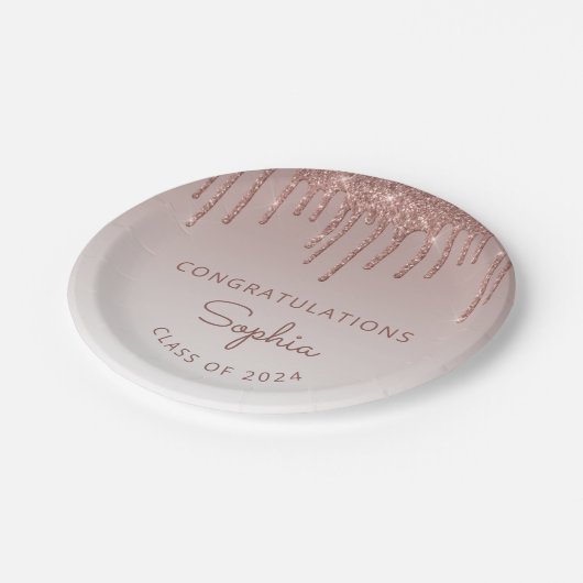 2024 Chique Roos Gouden Glitter Drip Afstuderen Papieren Bordje (Gekanteld)