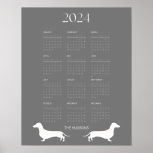 2024 Donkergrijze Dachshund Silhouet Kalender Poster