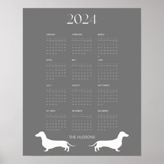 2024 Donkergrijze Dachshund Silhouet Kalender Poster (Voorkant)