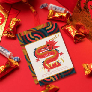 2024 Dragon Blauwgroen Chinees Nieuwjaar vakantie Folie Uitnodiging