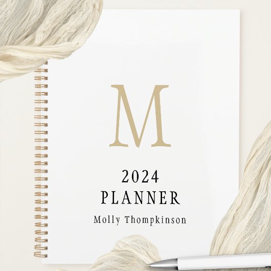 2024 Eenvoudig Monogram Initiaal Naam Witte Planne Planner