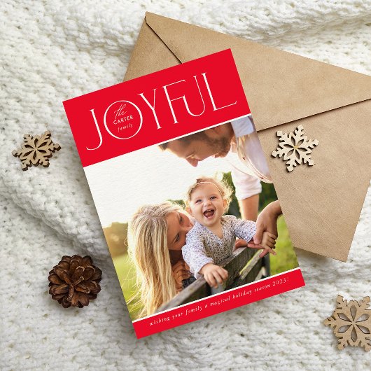 2024 FAMILIE FOTO modern elegant JOYFUL rood Feestdagenkaart