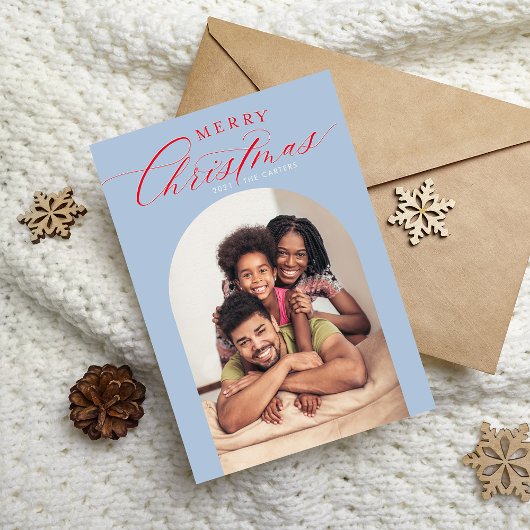 2024 FAMILIE FOTOKAART Kerstboog lijst blauw Aankondiging